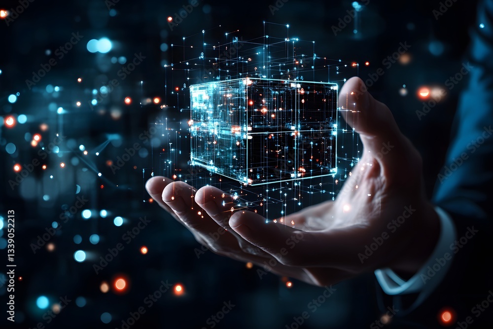 Aufkleber digital cube in hands, data network