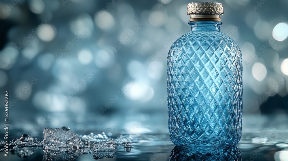 Poster a blue glass bottle with a diamond pattern is placed on a shiny, wet surface. surrounding droplets o