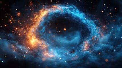 Obraz premium Abstract fiery and icy ring swirling in dark space with sparks.