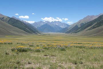 Vibrant field of colorful wildflowers spreading across the landscape under a bright blue sky