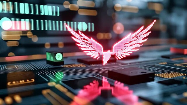 Futuristic digital landscape featuring a glowing winged emblem on a circuit board backdrop - Powered by Adobe