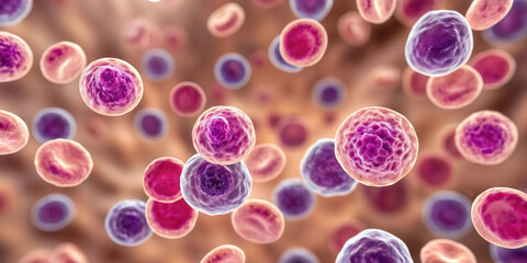 Microscopic view of leukemia cells with vibrant colors and detailed textures