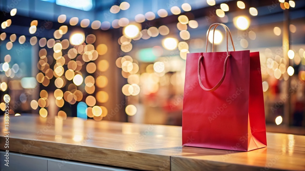 Poster elegant minimalist empty shopping bag on retail counter - bokeh background