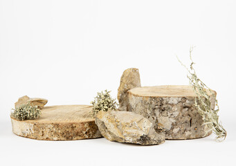 Wood discs podium for products background decorated with moss, lichen, stones, empty white background, studio shot, minimal nature style.