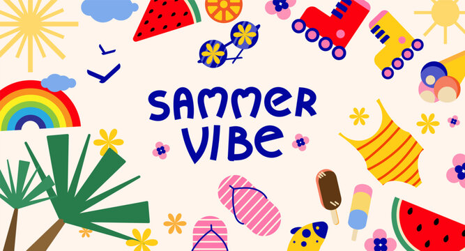 Vibrant summer themed illustration with playful elements watermelon, flip flops, sunglasses, ice cream,Summer Vibe text.Perfect for summer party invitations,posters,banners,social media designs.Vector