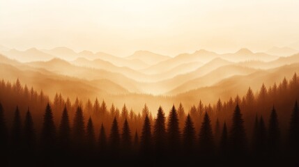 Vibrant gradient light blending over mountainous landscape at sunrise glowing forest silhouettes serene atmosphere
