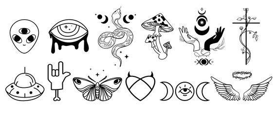 Mystical symbols set with butterfly, third eye, moon phases, snakes, mushrooms, UFO, hands, and angel wings. Perfect for tattoos,esoteric designs,boho art, spiritual and psychedelic graphics.Vector