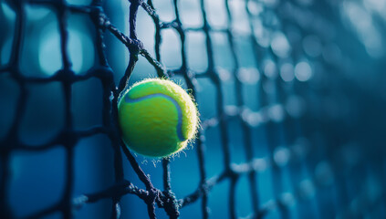 Tennis ball hitting the net on a blue background, close-up of a tennis ball hitting the net on a dark blue background.