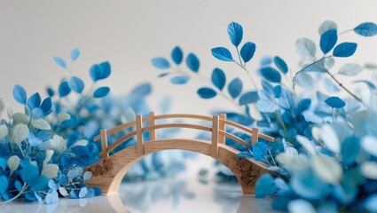 Miniature Landscape with a Wooden Bridge and Blue Foliage.