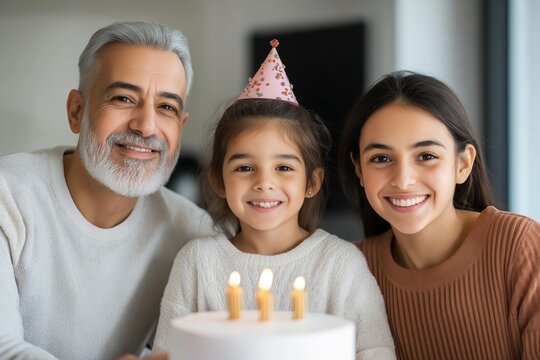 A man and two children are posing for a picture in front of a birthday cake. The man is wearing a white shirt and the children are wearing white shirts as well. Scene is happy and celebratory