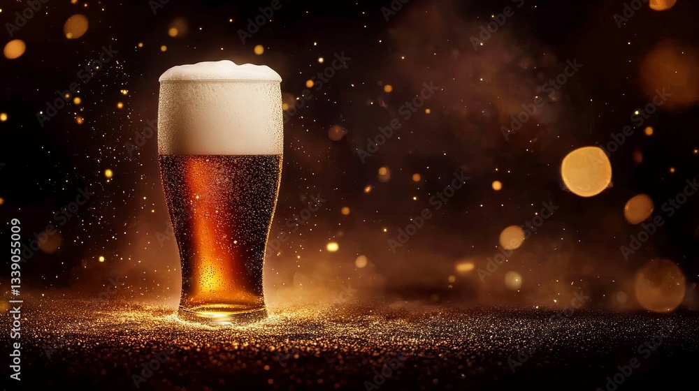 Poster a glass of beer stands prominently against a backdrop of bokeh lights and shimmering particles creat