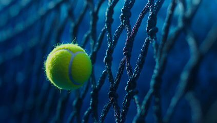 Tennis ball hitting the net on a blue background, close-up of a tennis ball hitting the net on a dark blue background.
