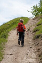 Obraz premium A boy wearing a red backpack is walking up a hill. The boy is wearing an orange shirt and black pants. The hill is covered in grass and there are trees in the background