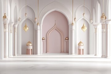 Eid al Fitr festival 3d royal render , poster and blank banner template without text on 3d soft render styleDecorated mosque in Eid Mubarak (Happy Eid) Ramadan background in vector