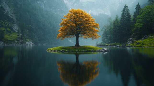 Solitary golden tree on a small island in a calm lake, surrounded by misty mountains and lush forests.