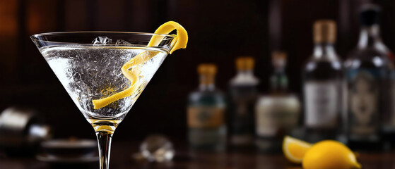 National Martini Day: A  Classic Martini cocktail in a chilled martini glass, featuring a single lemon twist garnish, set against a background that evokes a 1920s speakeasy.