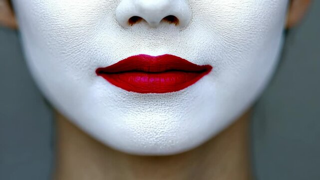 Unique makeup design featuring white face paint and bold red lips with emphasis on artistic expression