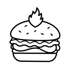 Flaming Hot Burger, Delicious Fast Food, Line Art Icon