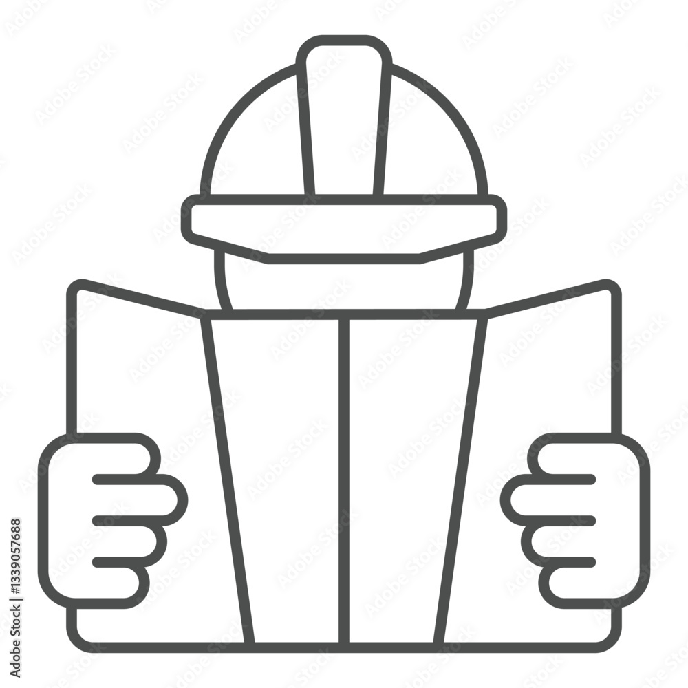 Poster foreman with project plan thin line icon, building construction concept. vector graphics. manager ma