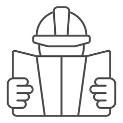Foreman with project plan thin line icon, building construction concept. Vector graphics. Manager man and paper map sign on white background, outline style icon for mobile or web design.