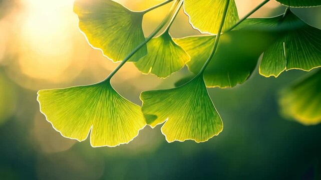 spring season backlight green gingko leaves with gentle sunlight, peaceful background