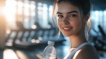 pretty girl with water bottle in gym
