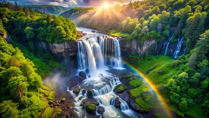 Aerial Drone Shot: Sunlit Waterfall Mist with Rainbow, Lush Green Forest