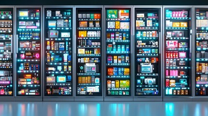Futuristic AI Powered Cloud Based E Commerce Automation Seamless Real Time Shopping Robotic Warehouse Logistics Floating Interactive Holographic Storefronts Neon Glow Cinematic Immersive Perspective