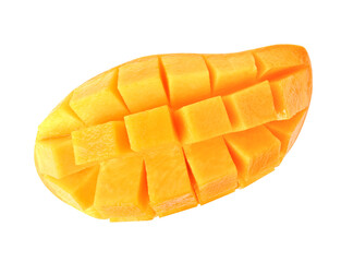 Mango slice cut in cube on transparent png. top view
