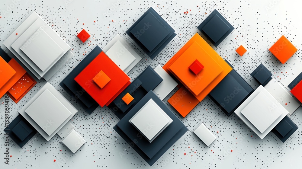 Poster abstract geometric design with overlapping orange, white, and gray squares on a textured background.