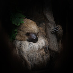 Linne's two toed sloth, Choloepus didactylus, sleeping in a tree. This nocturnal and arboreal species is indigenous to South America. Vertical format. © Rixie