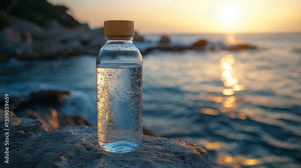 Poster a clear water bottle sits on a rocky surface by the ocean as the sun sets in the background, casting