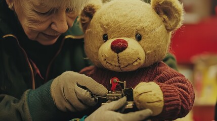 Elderly woman repairing a vintage teddy bear.