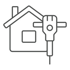 Jackhammer at house thin line icon, construction work concept. Vector graphics. Cottage building with electric hammer sign on white background, outline style icon for mobile or web design.