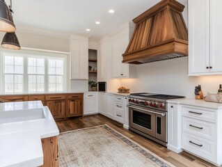 A modern kitchen features white cabinetry and stainless steel appliances
