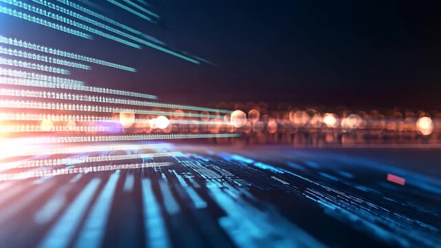 Abstract digital landscape with glowing data streams and bokeh lights in a futuristic setting