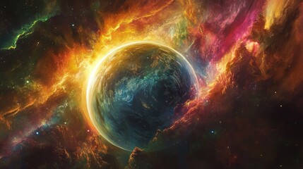 Stunning Colorful Space Nebula with Planet