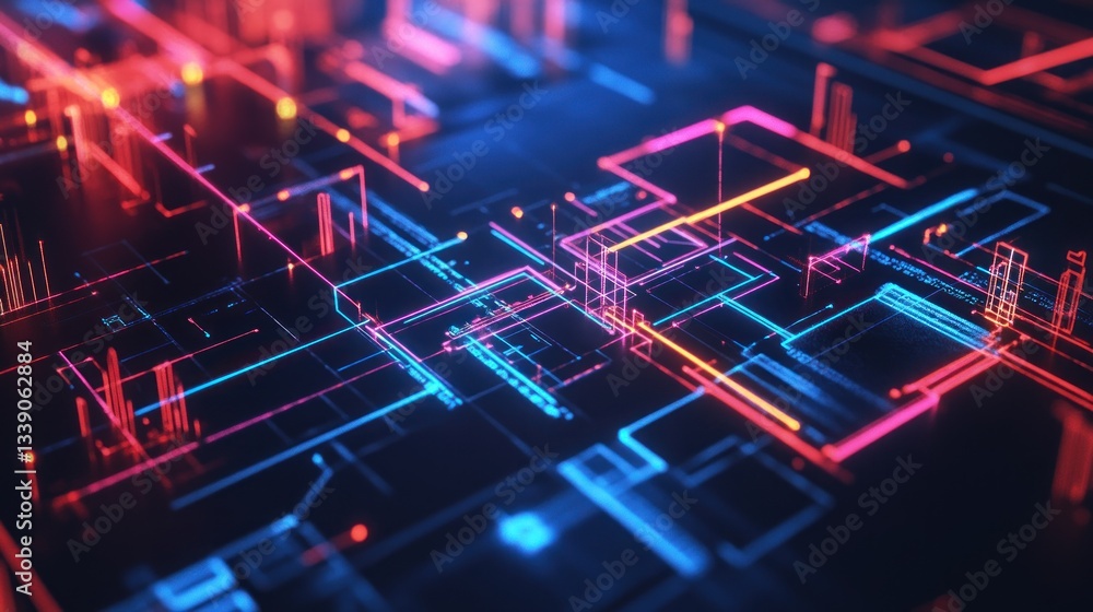 Aufkleber abstract glowing circuit board lines and nodes in red, blue, and orange.