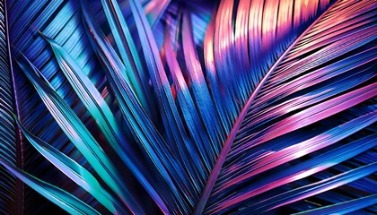 Iridescent Palm Leaves with Vivid Neon Glow