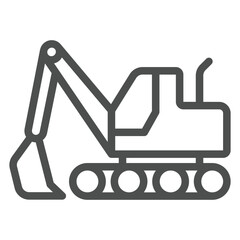 Fototapeta premium Excavator vehicle with basket line icon, construction site concept. Vector graphics. Heavy equipment transport sign on white background, outline style icon for mobile or web design.
