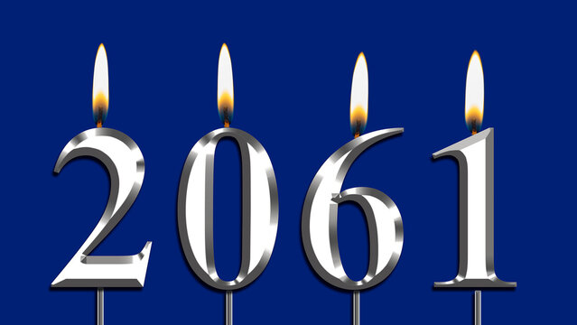 Number 2061 silver color on blue background, with flames representing birthdays, total followers, anniversaries
