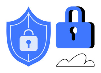Blue shield with lock, large padlock, and abstract cloud outline symbolizing security, privacy, and cloud safety. Ideal for cybersecurity, cloud storage, online privacy, data protection safety