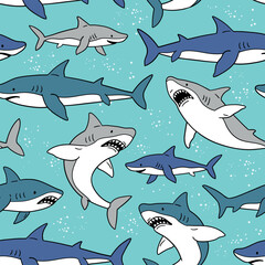 Seamless vector pattern with cute sharks. Hand drawn underwater sealife illustration. Perfect for textile, wallpaper or print design. EPS10 vector file.