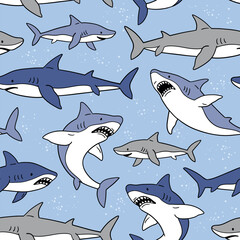 Naklejka premium Seamless vector pattern with cute sharks. Hand drawn underwater sealife illustration. Perfect for textile, wallpaper or print design. EPS10 vector file.