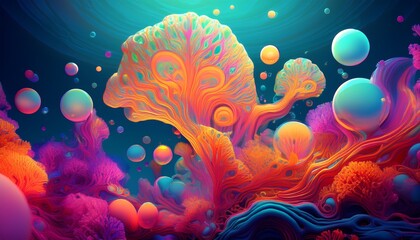 Surreal Bioluminescent Coral Reef with Floating Bubbles
