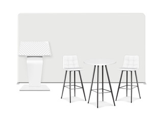Trade show booth display kit mock-up. Expo tradeshow set template. backdrop banner stand, touch screen interactive kiosk, white round counter high exhibition table, two bar chairs. 3d vector mockup