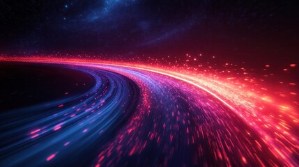 Abstract glowing light trails curve, resembling a cosmic highway or speed.