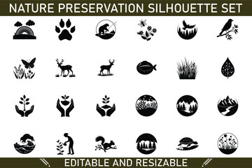 Editable Nature Preservation Silhouette Icons Animals, Plants, and Landscapes