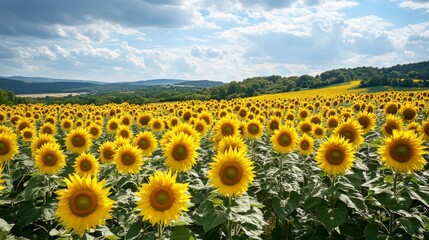 Obraz premium Vast Sunflower Field Under a Cloudy Sky