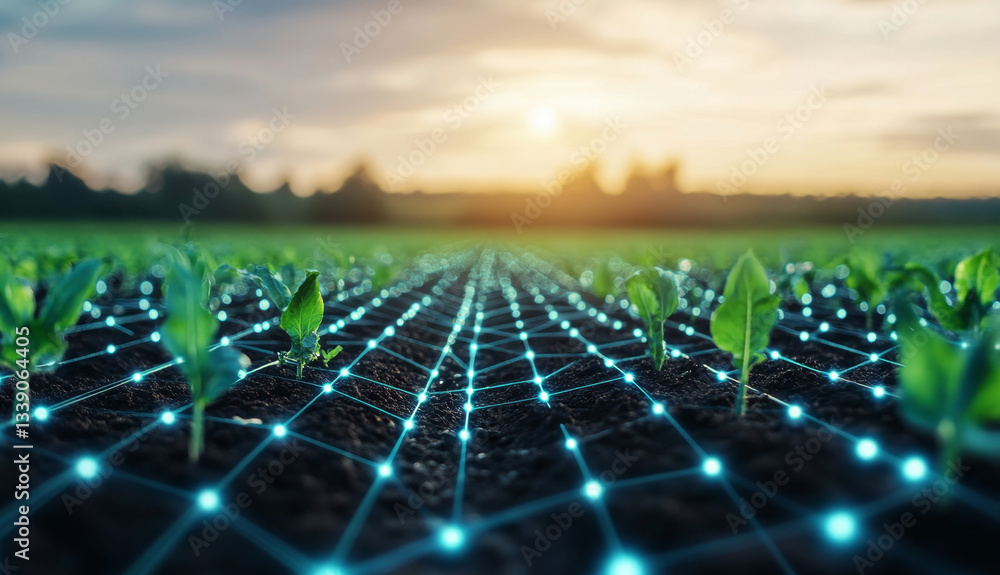 Poster Rows of young plants grow in fields integrated with technology to optimize agriculture. The sun sets in the background, highlighting the potential of modern farming practices to increase efficiency.